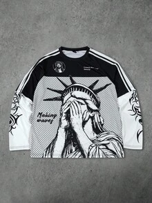 ROMWE MEN Prep Men's Casual Fashion Street Statue Of Liberty & Striped Print Color Block 2 In 1 T-Shirt, Spring/Autumn - White - View 1