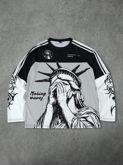 Street Life Men's Casual Fashion Street Statue Of Liberty & Striped Print Color Block 2 In 1 T-Shirt, Spring/Autumn