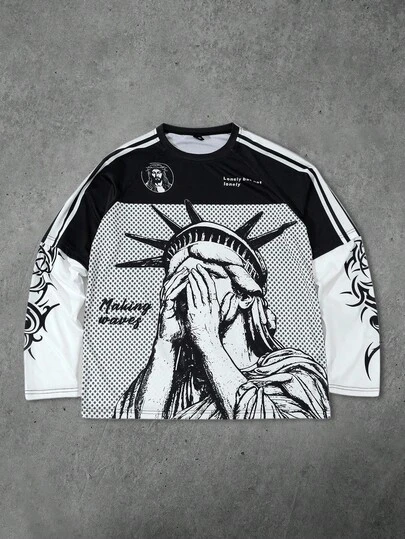 ROMWE MEN Prep Camiseta casual de moda para hombre con estampado de bloque de color de la estatua de la libertad y rayas, para primavera/otoño