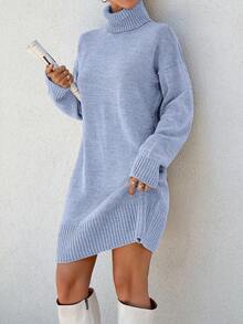 EURMUSE 休闲宽松高领长袖纯色女式毛衣连衣裙 - 淺藍色 - 查看 6