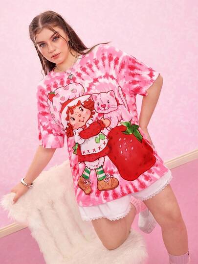 Strawberry Shortcake X SHEIN 大码休闲扎染卡通图案短袖T恤，夏季