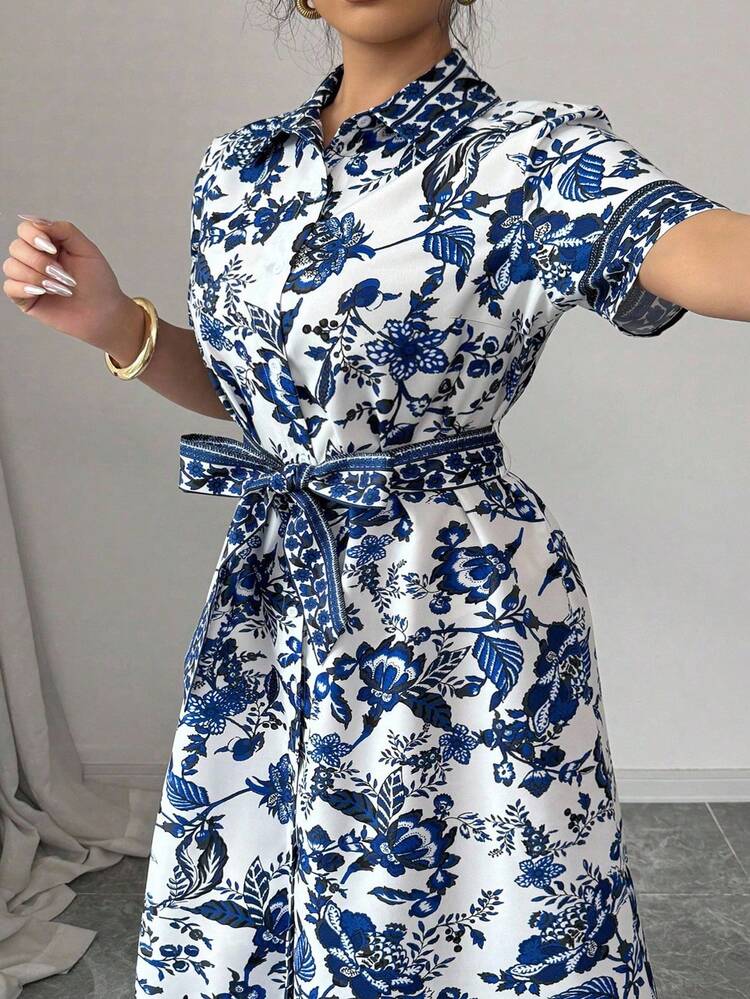 Elenzga Plus Size French Placket Short Sleeve Shirt Dress, Blue & White Cashew Flower Pattern, Cinched Cinched Waist A-Line Silhouette, Elegant For Work/Casual Wear, Spring/Summer - Blue and White - View 6