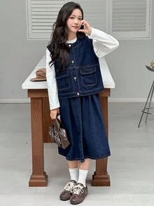 Dazy Kids 2 件套青少年女孩牛仔无袖夹克 + 牛仔裙套装，秋季 - 藍色 - 查看 6