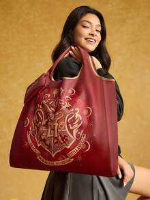 HARRY POTTER X SHEIN 1pc Badge Pattern Printed Polyester Foldable Shopping Bag, Beach Bag, Tote Bag With Detachable Pouch On Chain, Harry PotterChristmas