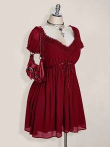 SHEIN ICON Váy babydoll dáng chữ A tay bồng cổ chữ V cỡ lớn, váy gợi cảm cổ điển Y2K, kỳ nghỉ hè, quần áo mùa tốt nghiệp trở lại trường, quần áo mùa hè - Màu Đỏ Sâu - Xem 4