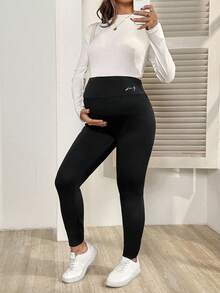 SHEIN Maternity Casual Solid Color Adjustable Waist Thermal Lined Warm Leggings, Winter - Black - View 2