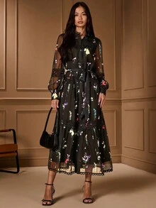 Lilora Elegantes und schickes, urbanes, lässiges Kleid mit transparentem Kragen, Spitze, Patchwork, Knopfleiste, Blumenmuster und Laternenärmeln für Damen, Herbst/Winter, Cut-Out - Schwarz - Übersicht 5