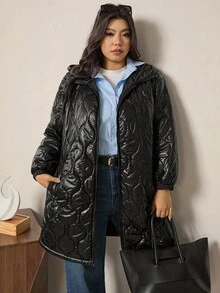 Zelara 大码女式绗缝拉链羽绒服，秋冬季外出 - 黑色 - 查看 10