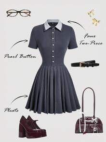 SHEIN MOD 女式撞色条纹 Polo 领短袖纽扣式迷你褶边休闲连衣裙 - 黑色 - 查看 1