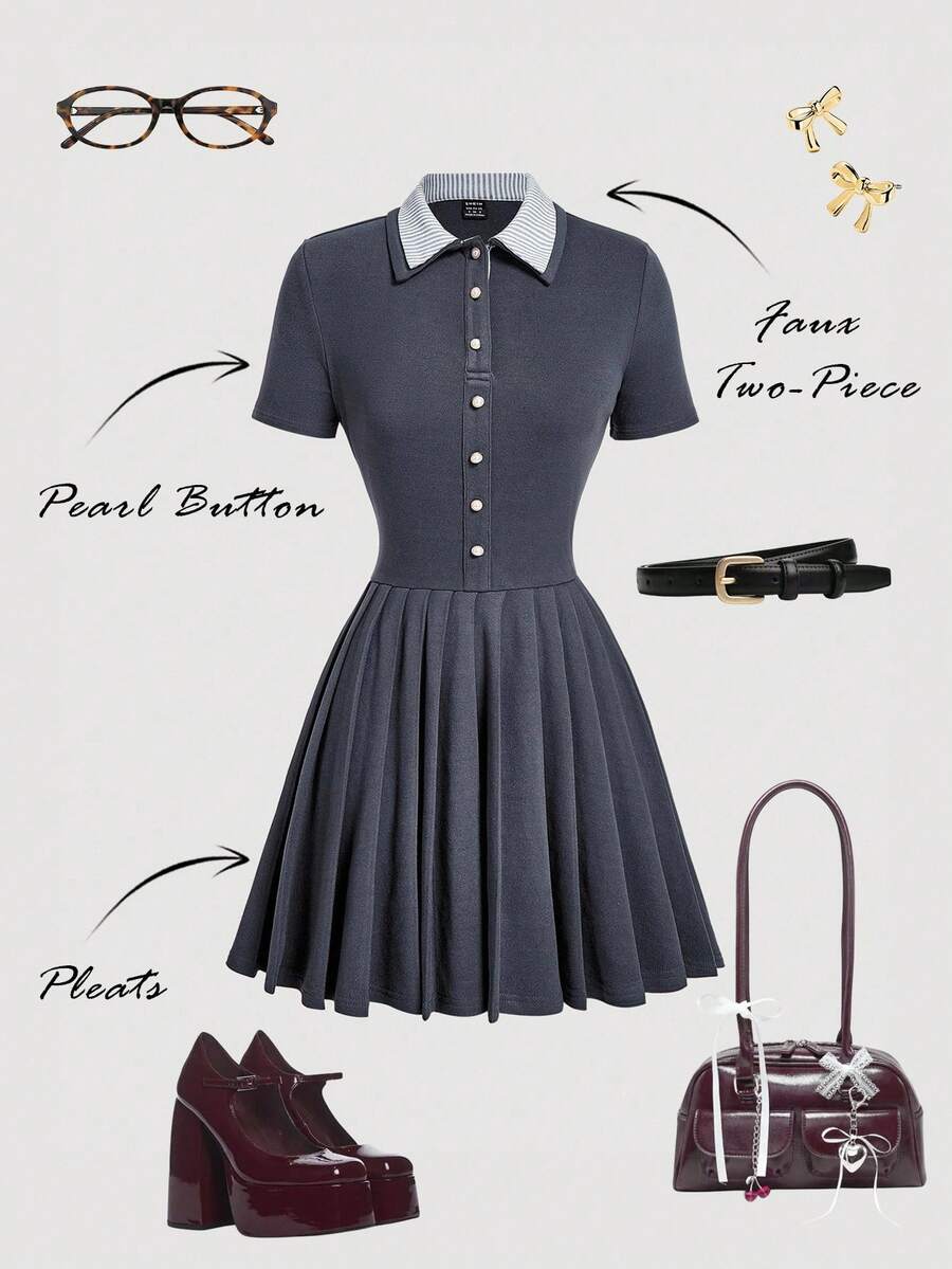 SHEIN MOD 女式撞色条纹 Polo 领短袖纽扣式迷你褶边休闲连衣裙 - 黑色 - 查看 1