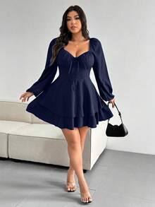 Clasi Vestido elegante de talla grande de unicolor con cintura anudada y doble dobladillo - Azul marino - Ver 3