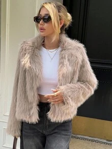 Livesso 女士休闲仿毛领短外套，秋季女式外套 - 卡其色 - 查看 7