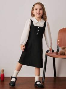 PrepCrw Young Girls' Preppy Style Color Block 2 In 1 Shirt Collar Long Sleeve Dress Fall Winter - Black and White - View 4