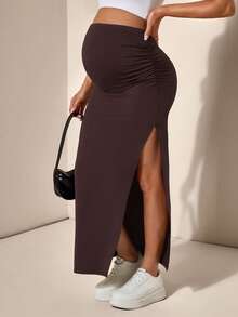 SHEIN 可调节腰部合身孕妇裙，侧开衩 - 棕色 - 查看 6