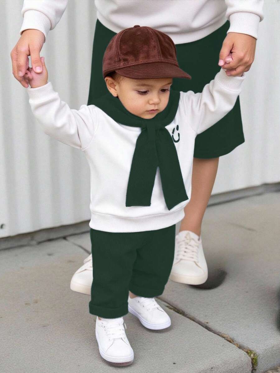 3pcs Baby/Toddler Cute Smiling Face Print Top, White Top, And Elastic Waist Pants Tracksuit Set, Suitable For Birthday Party, Evening Event, Performance, Wedding, Back To School - Dark Green - View 1