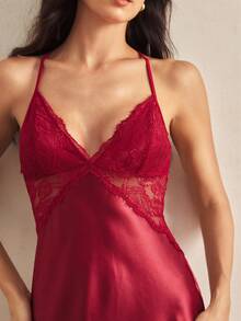 Charlaine Faux Silk Lace Women's Sexy Camisole Nightgown - Burgundy - View 3