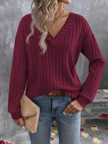 SHEIN LUNE Women's Casual Solid Color Dropped Shoulder Loose T-Shirt - Burgundy - View 3
