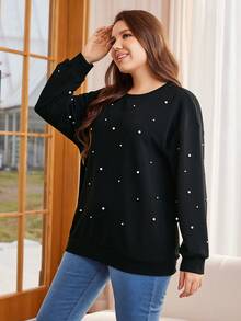 SHEIN LUNE Plus Drop Shoulder Faux Pearl Beaded Pullover Sweatshirt Winter Fall Autumn - Black - View 4