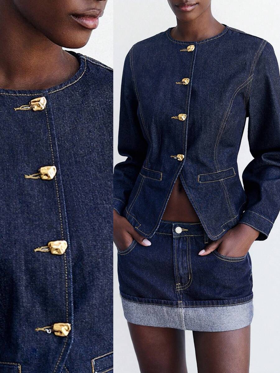 Maija 女式蓝色圆领插肩袖单排扣时尚牛仔夹克 - 深色水洗藍 - 查看 1