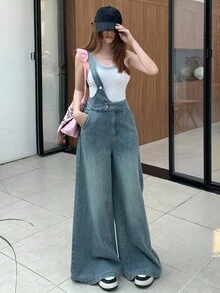 青少年女孩 Y2K 休闲轻盈水洗优雅休闲单肩阔腿牛仔背带裤连体裤，万圣节服装，秋冬服装秋季服装，女孩秋冬返校返校牛仔裤，女孩裤子街头服饰复古服装，舒适百搭，适合 13-16 岁女孩，适合上学、居家和旅行 - 中等水洗藍 - 查看 3