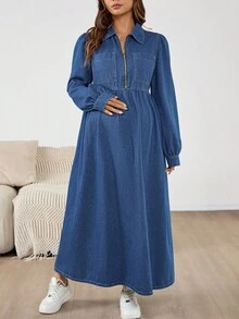 SHEIN Maternity Fashion Zip-Up Long Denim Dress Denim Midi Dress With Zipper Front Long Sleeves And Collar Comfortable Fit For Everyday Wear Christmas Maternity Dress Cute Mom Style Versatile Minimalist 2025 Autumn/Winter New Arrival Maternity Dress Pick Winter Christmas New Year Thanksgiving Commuting Vacation Graduation Chic Y2k Cute Streetwear Wedding Elegant Business Casual Woman - Blue - View 6