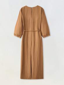 Maija Đầm dài tay lửng cổ chữ U màu nâu thoải mái cho nữ, đơn giản, thời trang, phù hợp mặc hàng ngày, đi làm, có thắt lưng, thích hợp cho mùa hè và mùa thu - Màu vàng - Xem 3