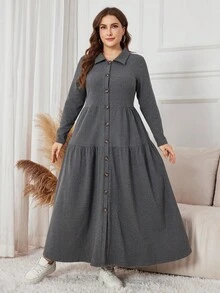 Lacomfia Plus Size Women Elegant Solid Color Button Front Knit Dress, Autumn - Dark Grey - View 4