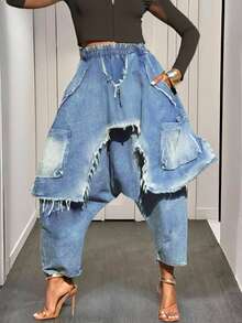 Slaydiva Women's Elastic Waist Frayed Hem Loose Harem Casual Jeans Baggy Jeans Y2k Oversized Jeans Frayed Jeans Patchwork Jeans Loose Jeans Distressed Jeans Ripped Jeans Denim Pants - Light Wash - View 1