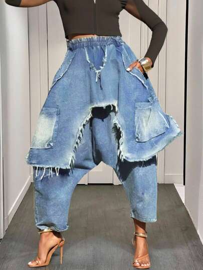 Slaydiva Women's Elastic Waist Frayed Hem Loose Harem Casual Jeans Baggy Jeans Y2k Oversized Jeans Frayed Jeans Patchwork Jeans Loose Jeans Distressed Jeans Ripped Jeans Denim Pants