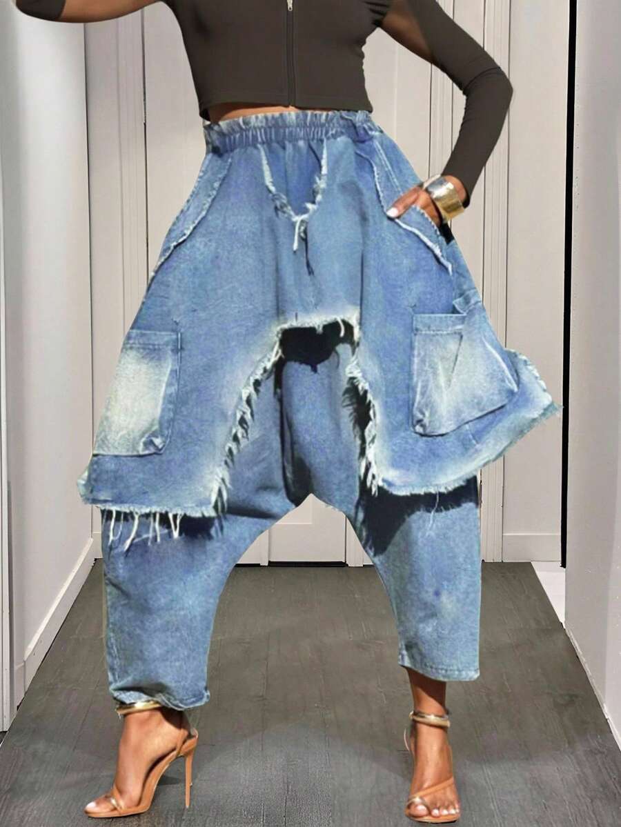 Slaydiva Women's Elastic Waist Frayed Hem Loose Harem Casual Jeans Baggy Jeans Y2k Oversized Jeans Frayed Jeans Patchwork Jeans Loose Jeans Distressed Jeans Ripped Jeans Denim Pants - Light Wash - View 1