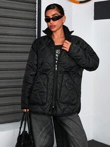 CasuGlow Women Solid Color Padded And Pocket Detailed Winter Coats - Black - View 6