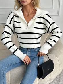 EURMUSE Áo len trễ vai kẻ sọc phối màu đơn giản dành cho nữ, Thu/Đông - Nhiều màu - Xem 3