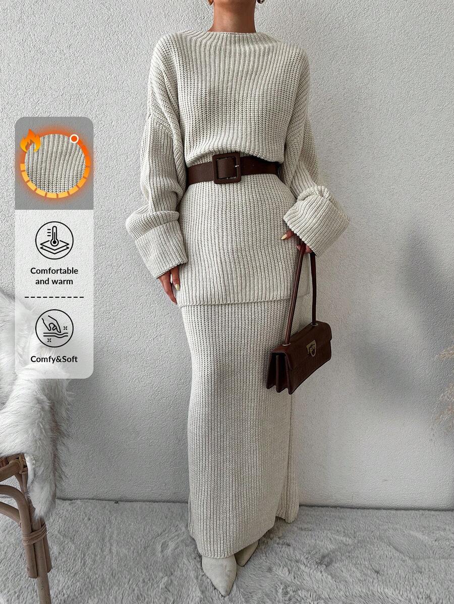 Drop Shoulder Sweater & Knit Skirt Without Belt - Beige - View 1