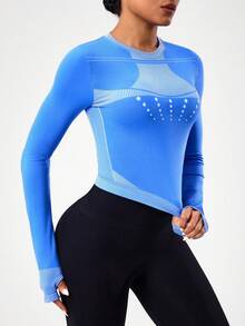 SHEIN Sports Camiseta deportiva de manga larga con cuello redondo y ajuste ceñido con estampado gráfico para mujer, top activo azul de manga larga para gimnasio y actividades - Azul - Ver 4