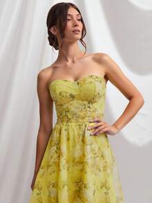 L'Amorae 冬季女装，女士浪漫优雅薰衣草花卉印花褶边露肩紧身长裙，优雅优雅的女士连衣裙。适合约会、演唱会、演出、婚礼、正式礼服 - 芥末黃 - 查看 5