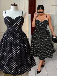 Rometta Plus Size Women's Elegant Polka Dot Slip Dress, Versatile Casual Commuter Fashion, Suitable For Summer, Back To School, Graduation, Holidays, Valentine's Day, Music Festivals, Mother's Day, Halloween, Thanksgiving, Easter, National Day, Dances, Dates, Parties, Outings - Multicolor - View 1