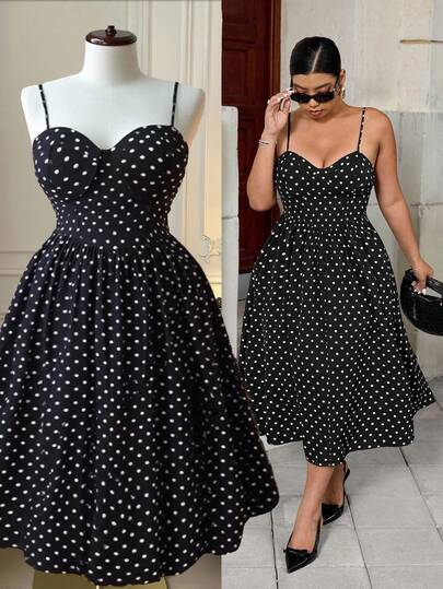 Rometta Plus Size Women's Elegant Polka Dot Slip Dress, Versatile Casual Commuter Fashion, Suitable For Summer, Back To School, Graduation, Holidays, Valentine's Day, Music Festivals, Mother's Day, Halloween, Thanksgiving, Easter, National Day, Dances, Dates, Parties, Outings