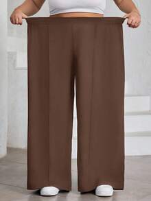 SHEIN CURVE+ 大码女式纯色褶皱裤，黑色宽松阔腿裤，曲线加大，Hoho 度假 - 棕色 - 查看 5