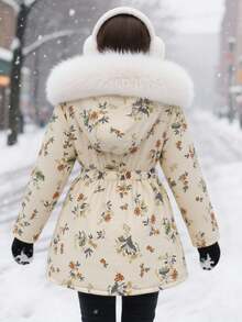 SHEIN 女童秋冬休闲碎花连帽羊毛夹克 - 米色 - 查看 3