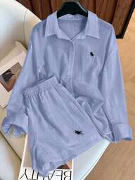 INAWLY Plus Size geborduurde logo shorts en effen shirt met lange mouwen (2-delige set)