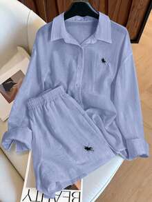 INAWLY Plus Size Embroidered Logo Shorts & Solid Color Long Sleeve Shirt 2 Pieces Set - Blue - View 1