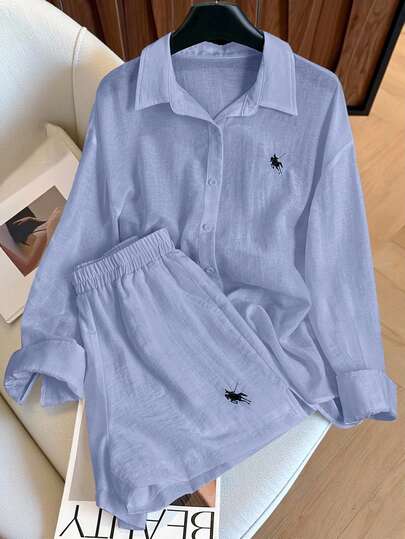 INAWLY Plus Size Embroidered Logo Shorts & Solid Color Long Sleeve Shirt 2 Pieces Set Fall