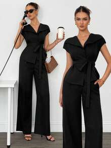 SHEIN Tall 女士优雅办公室套装、上衣和裤子黑色长裤套装，女士黑色阔腿裤套装，秋冬 - 酒紅色 - 查看 4