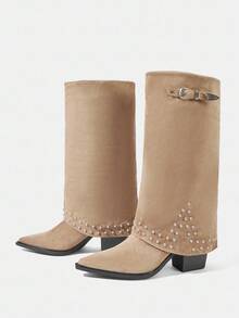 Styleloop Botas occidentales de tacón alto grueso y con tachuelas de estilo vintage para mujer, adecuadas para Halloween, Navidad, fiestas y uso diario