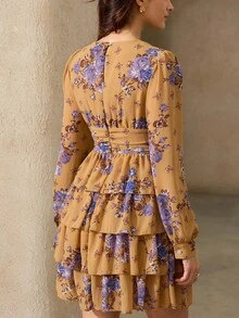 Revavyn 女士时尚随机印花长袖连衣裙度假装 - 棕色 - 查看 6