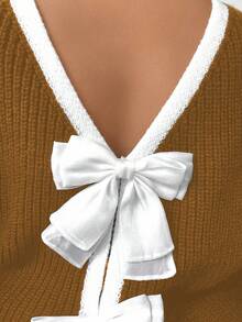 Elenzga Plus Size Women Casual Bowknot Crew Neck Long Sleeve Sweater, Autumn/Winter - Mustard Yellow - View 3