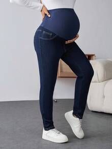SHEIN Maternity Navy Blue Skinny Jeans For Pregnant Women,Thermal Lined Over The Bump Denim With Stretchy Belly Panel,Smart Casual Autumn Winter Streetwear - Blue - View 4