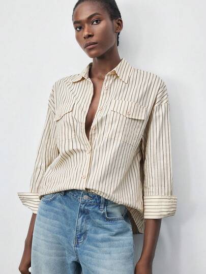 Maija 女式休闲条纹翻盖口袋纽扣前襟衬衫，秋季