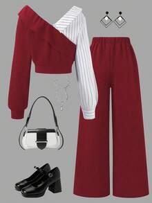 SHEIN 2 pezzi/set Outfit elegante e alla moda per ragazze adolescenti, completo con blusa a righe di colore solido + pantaloni larghi e morbidi, adatto per l'autunno e l'inverno - Bordò - Visualizzare 2