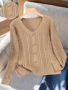 Franclia Khaki Autumn V-Neck Twist Rope Metal Button Casual Sweater,European & American Blogger Style Fall Winter Elegant Office Commuting Urban Professional - Khaki - View 1